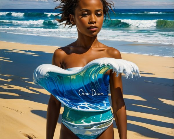 Young Woman in Wave-Designed Swimsuit on Beach