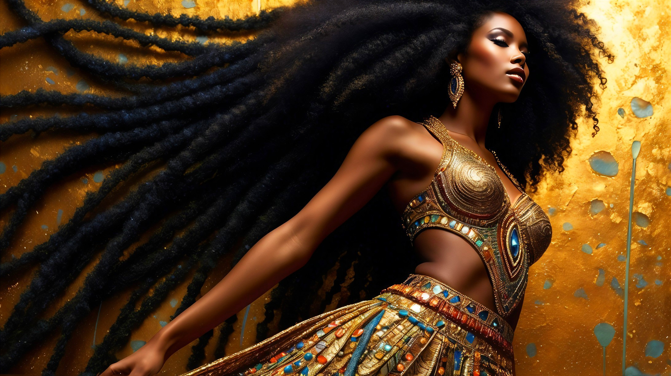 Opulent gold ensemble with intricate patterns and gemstones