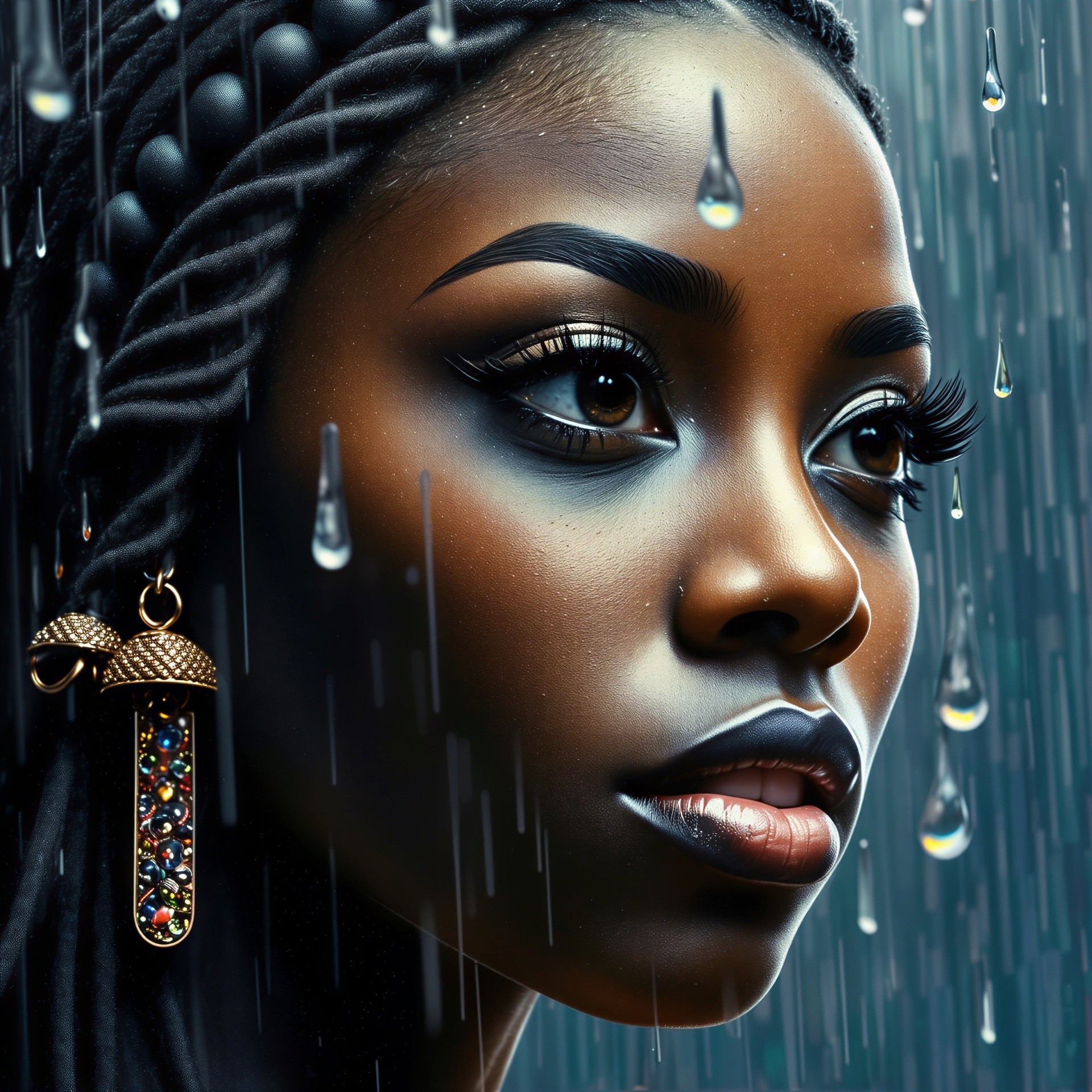 Close-up Portrait of a Young Black Woman in Rain