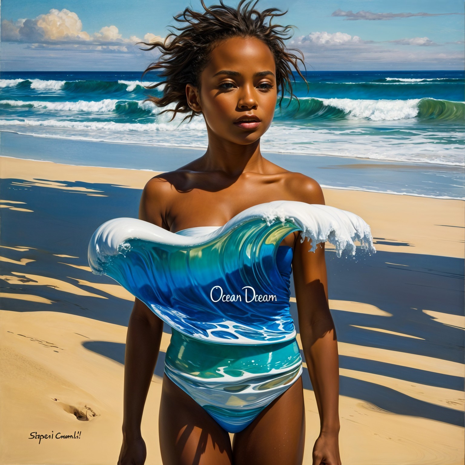 Young Woman in Wave-Designed Swimsuit on Beach
