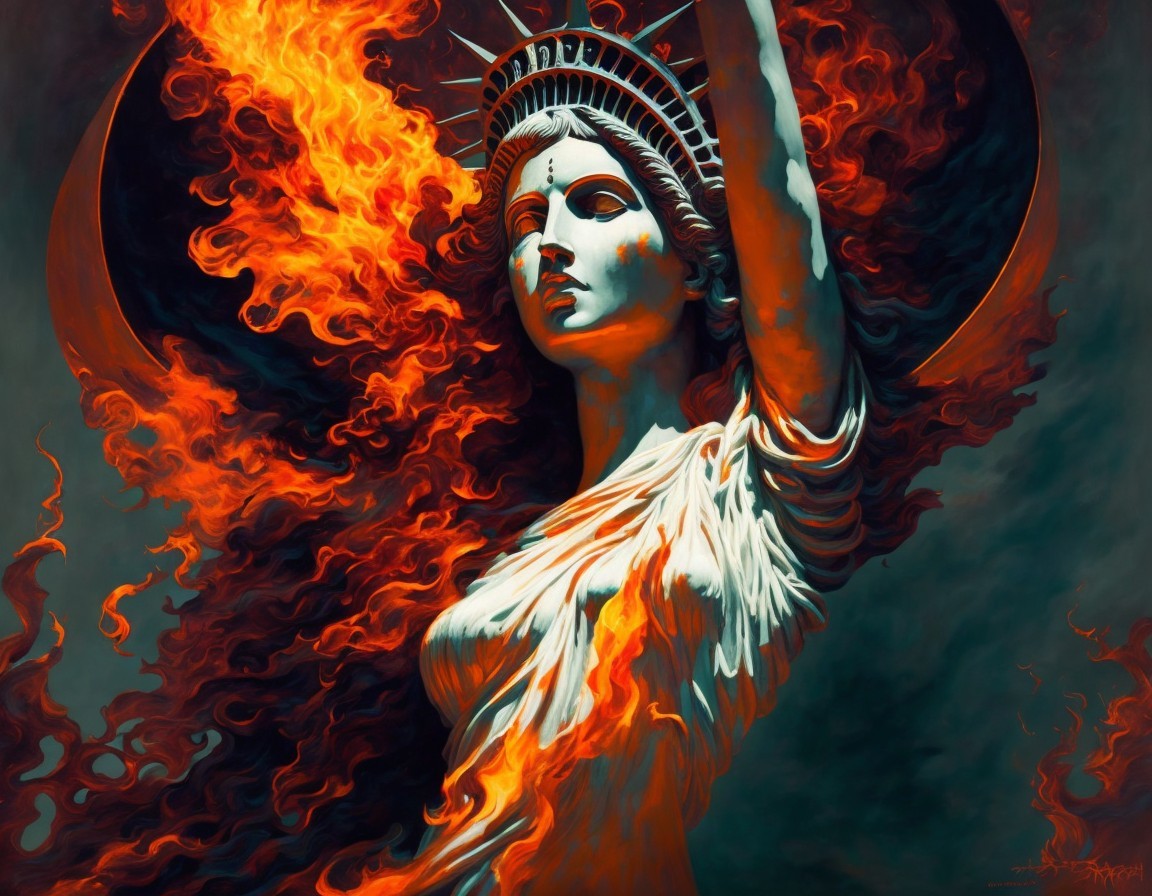 Reimagined Statue of Liberty Surrounded by Flames
