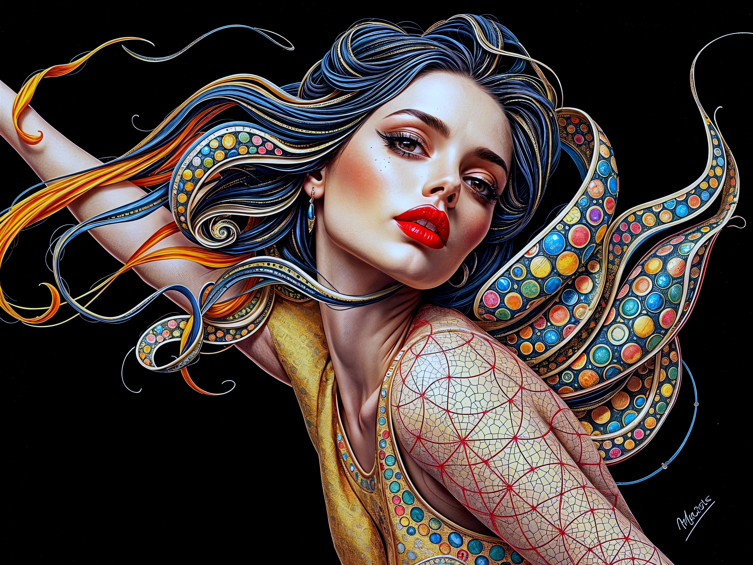 Portrait of a Woman with Colorful Hair and Features