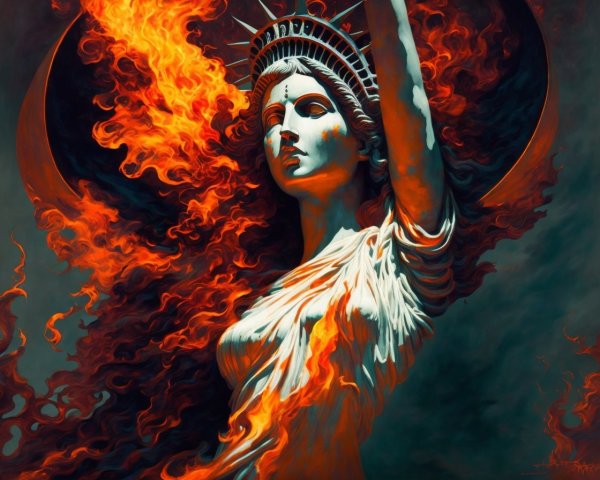 Reimagined Statue of Liberty Surrounded by Flames