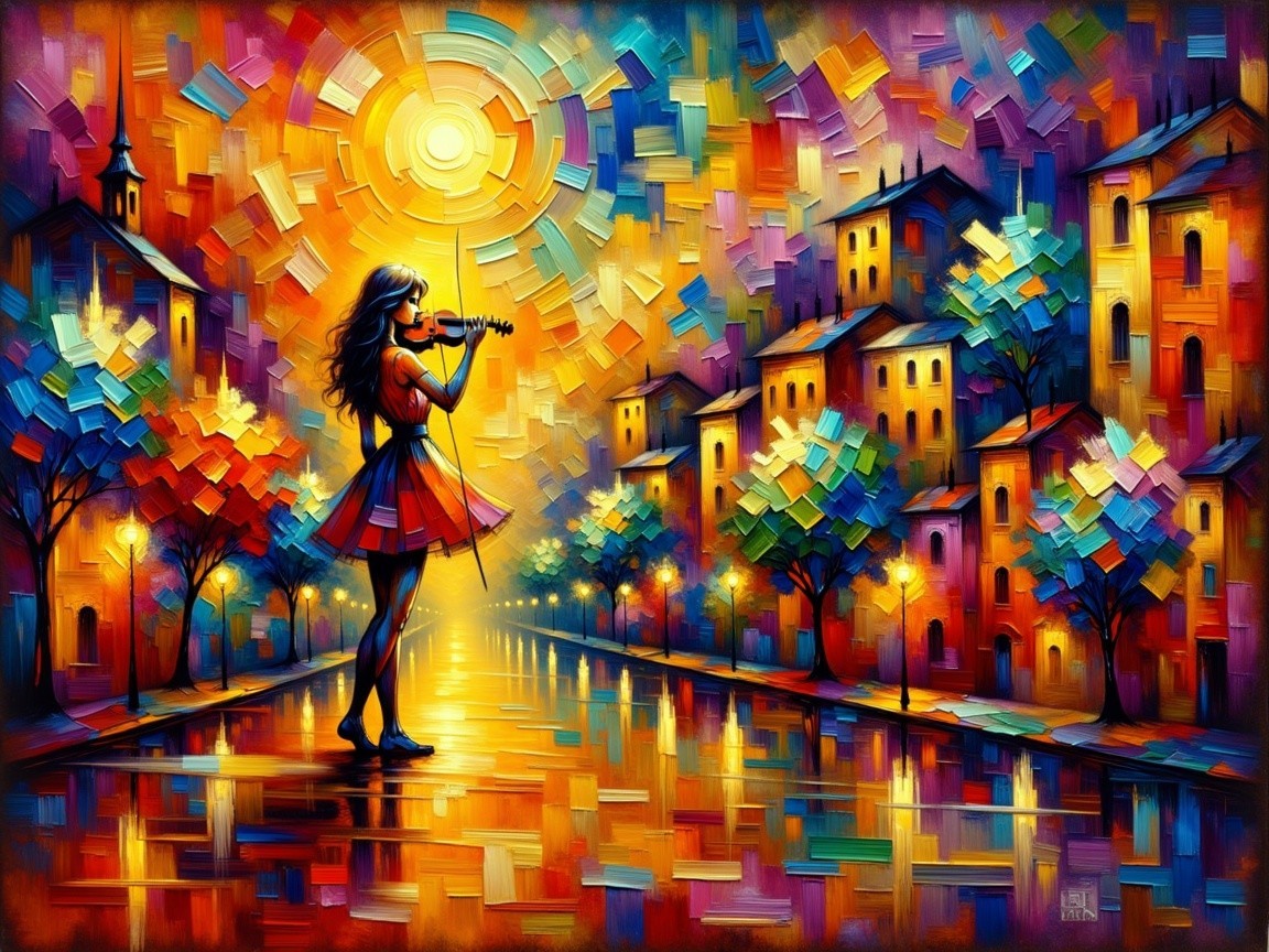 Girl in Red Dress Playing Violin on Sunlit Street