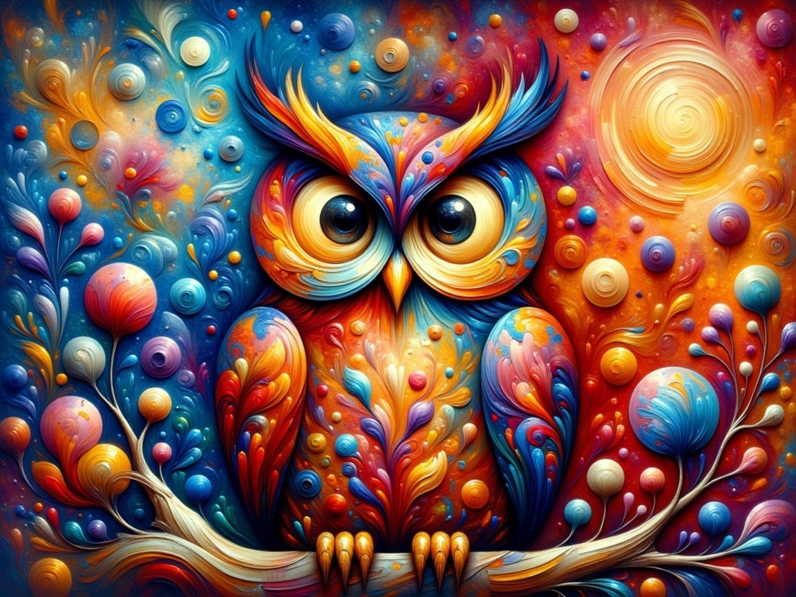 Cartoon Owl on Branch with Colorful Patterns and Orbs