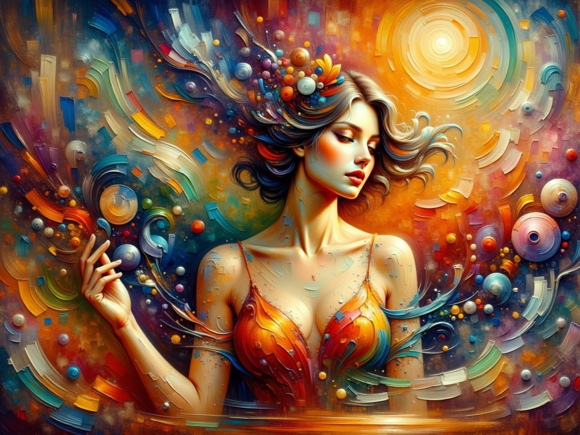 Vibrant Abstract Artwork of a Woman with Colorful Orbs