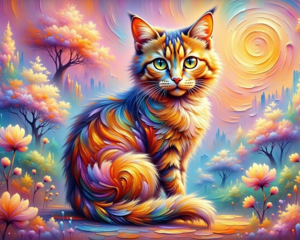 Colorful Illustration of a Fluffy Cat in Whimsical Landscape