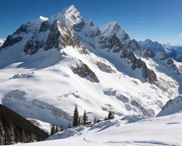 Snowy Mountain Landscape with Evergreen Trees