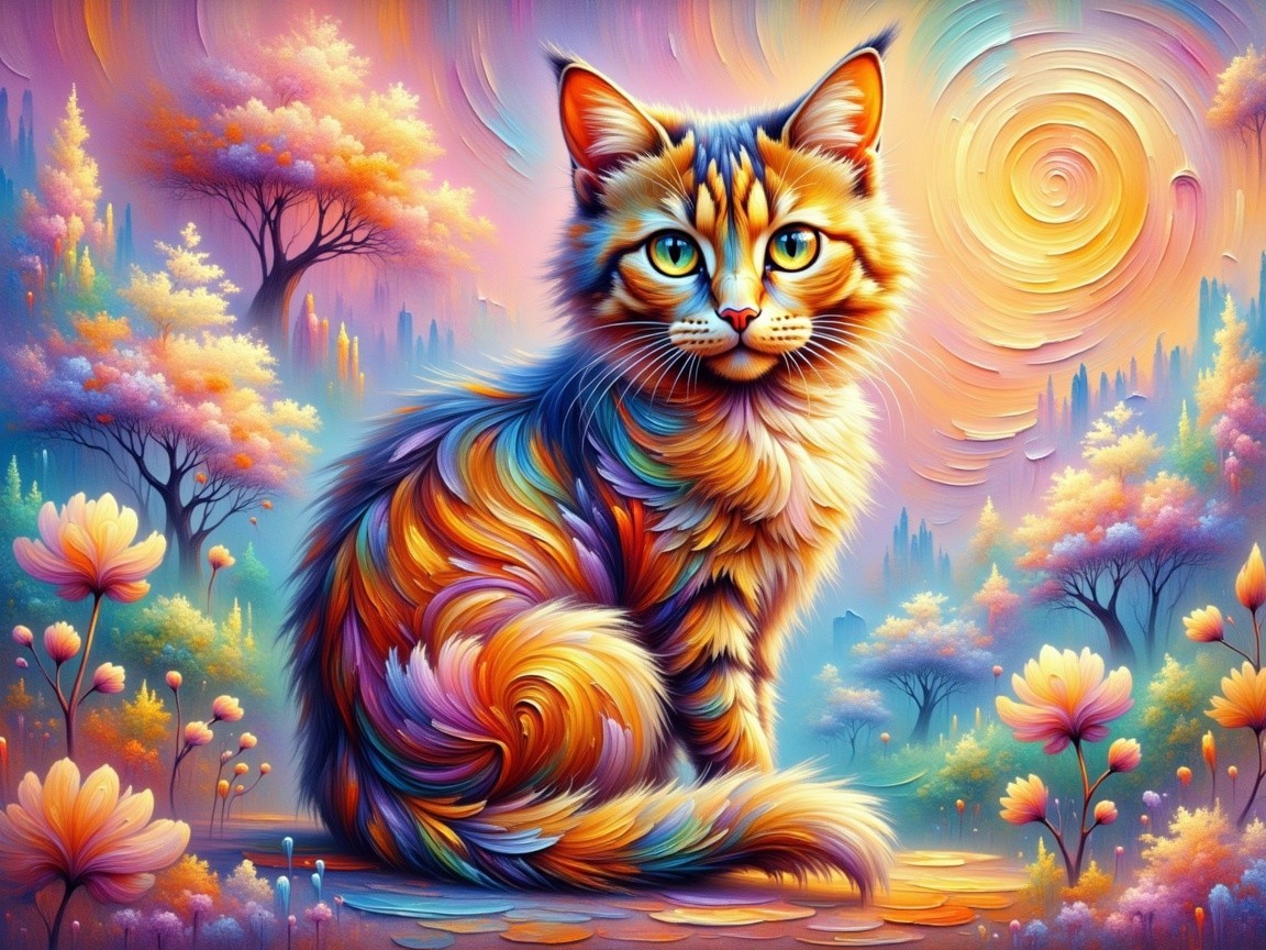 Colorful Illustration of a Fluffy Cat in Whimsical Landscape
