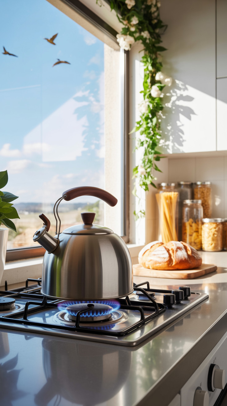 Stainless Steel Kettle on Gas Stove in Cozy Kitchen