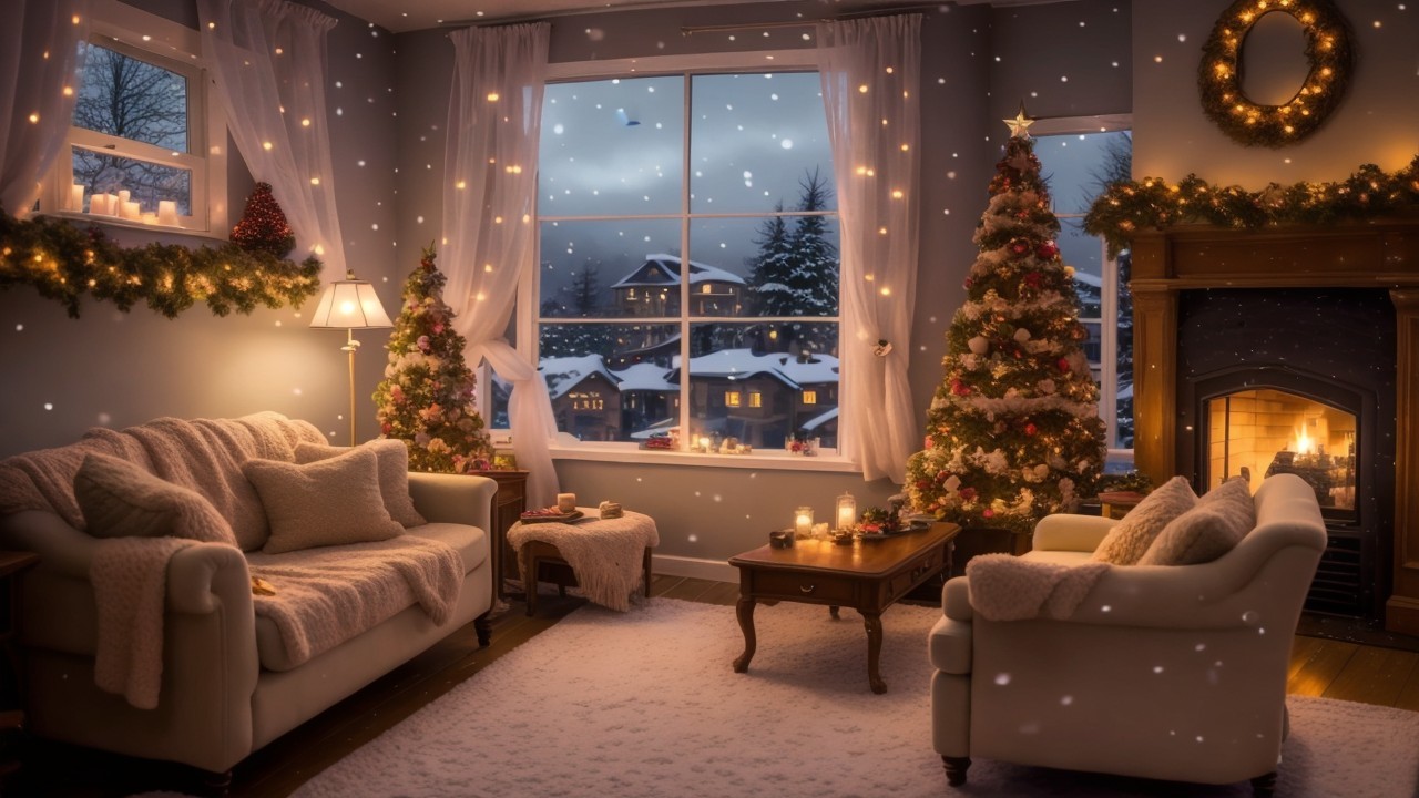 Cozy Holiday Living Room with Fireplace and Snow View