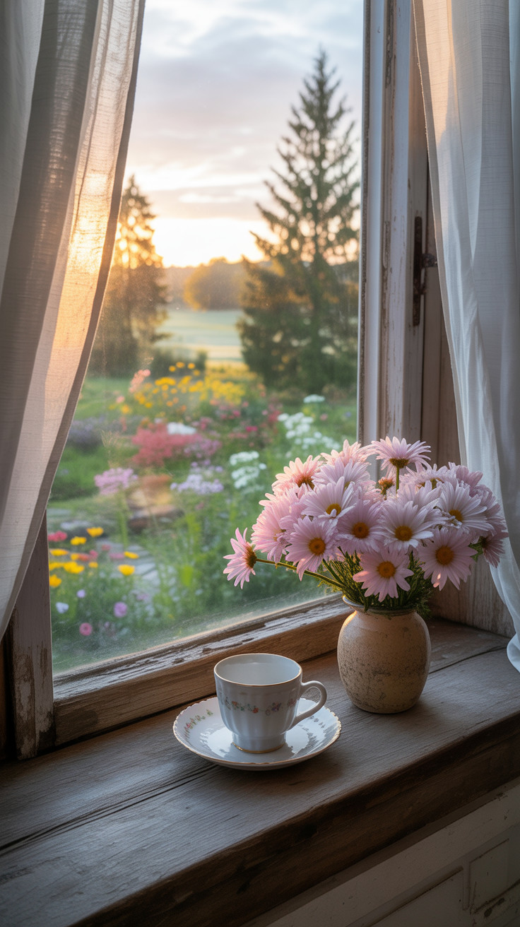 Rustic Window Sill with Daisies and Garden View