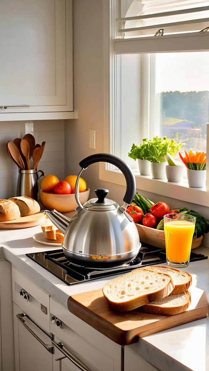Bright Kitchen Scene with Kettle and Fresh Produce