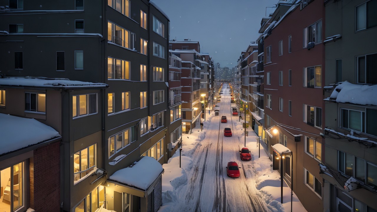 Snowy Urban Street with Modern Buildings at Night