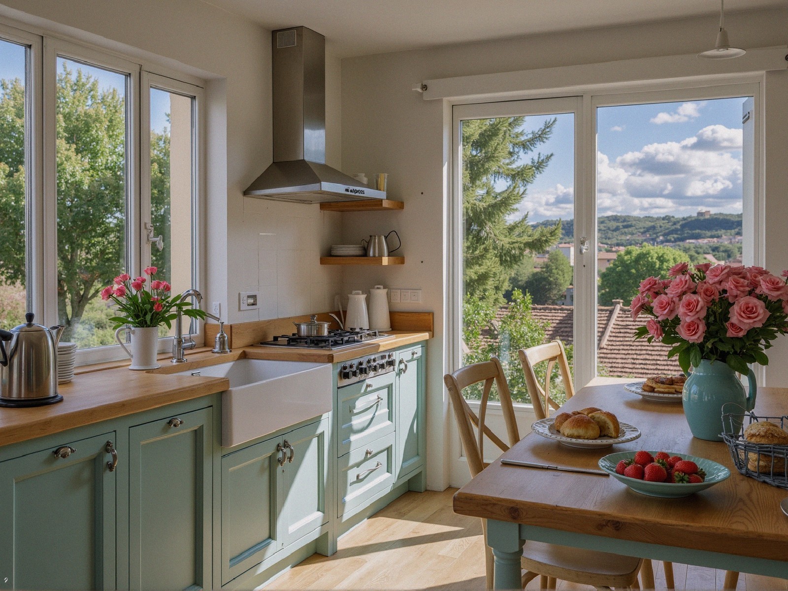 Bright Kitchen with Blue Cabinets and Natural Accents
