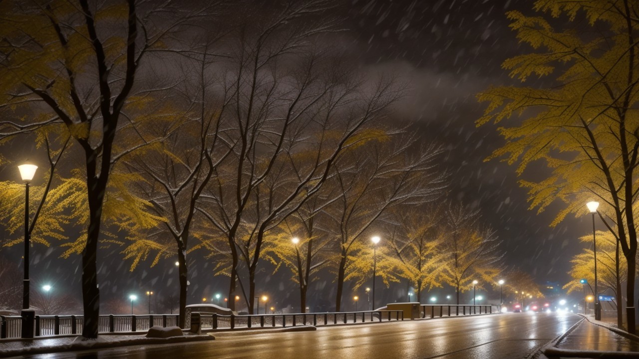 Serene Nighttime Street with Snow and Warm Lamplight