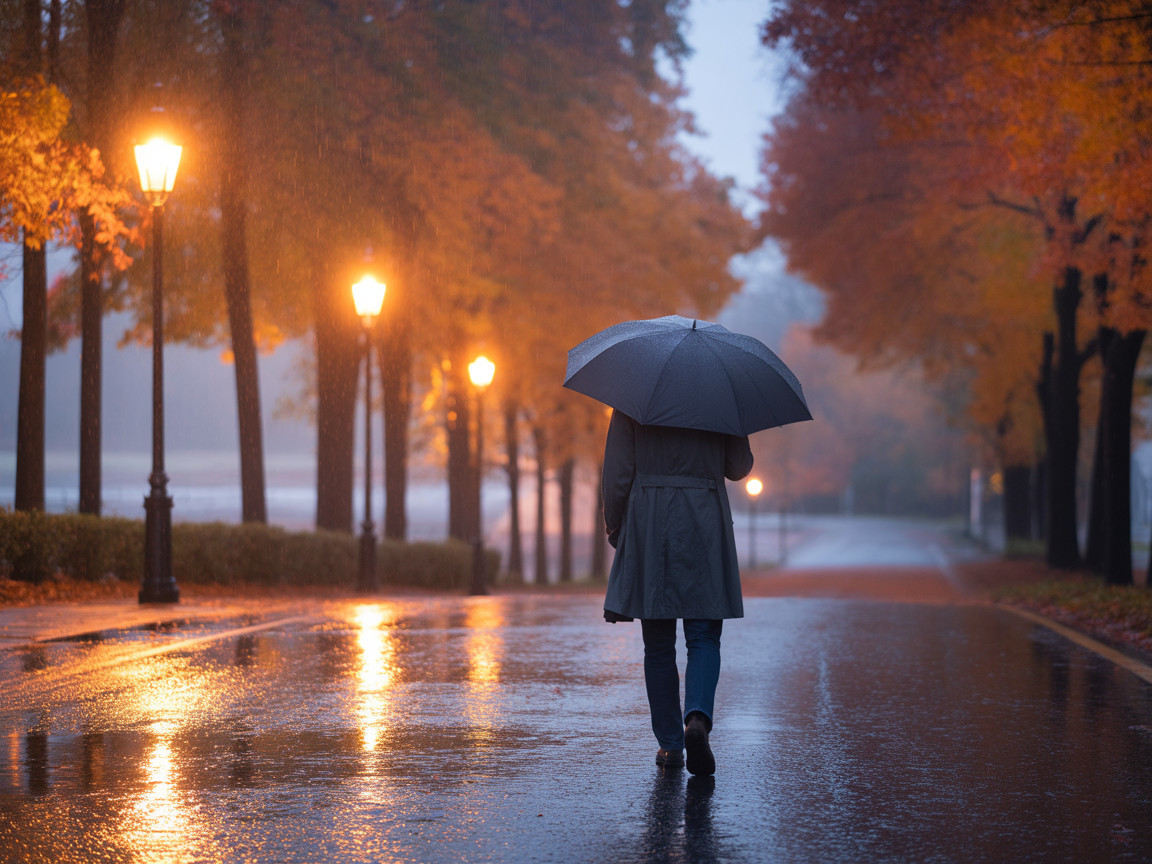 Solitary Figure on Rainy Path with Autumn Foliage