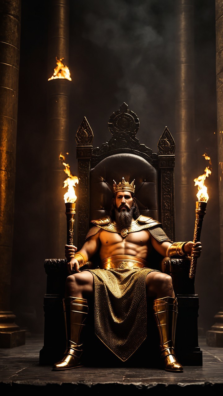 Majestic figure in golden armor on ornate throne