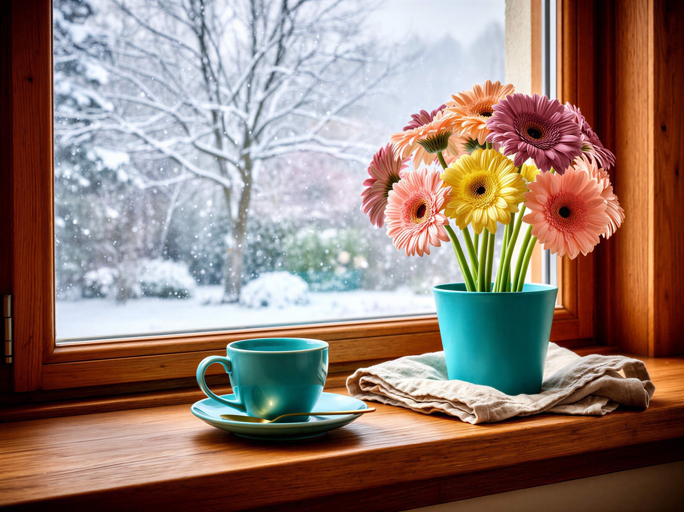 Colorful Gerber Daisies in Teal Pot on Windowsill