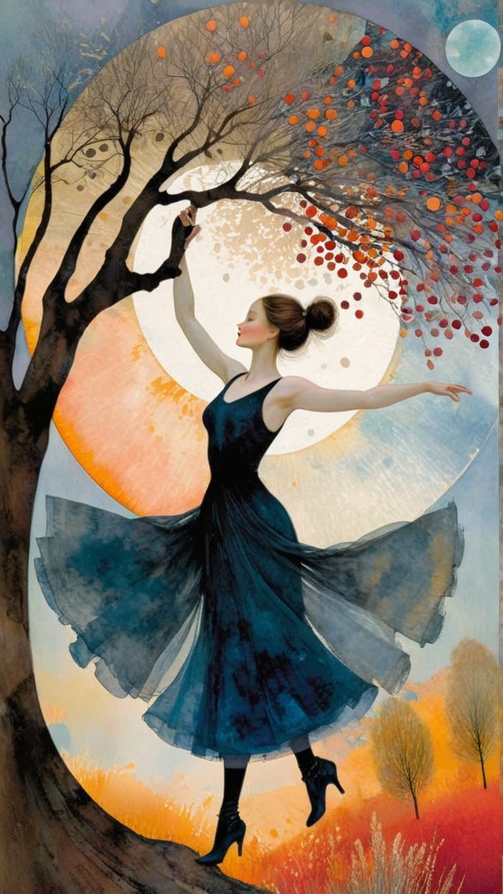 Dancer Beneath Autumn Leaves and Glowing Moon