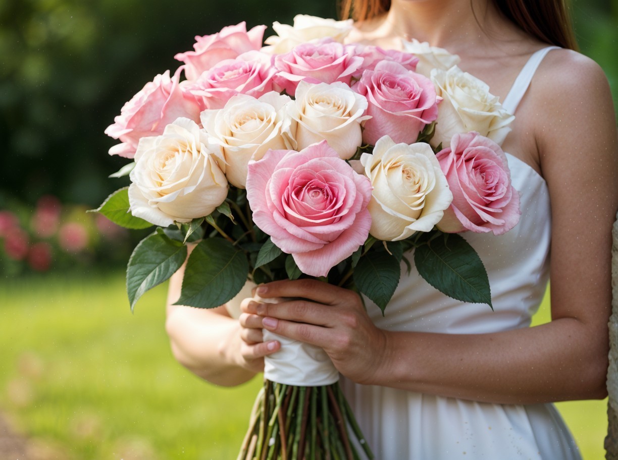 Close-up of a woman with a bouquet of roses
