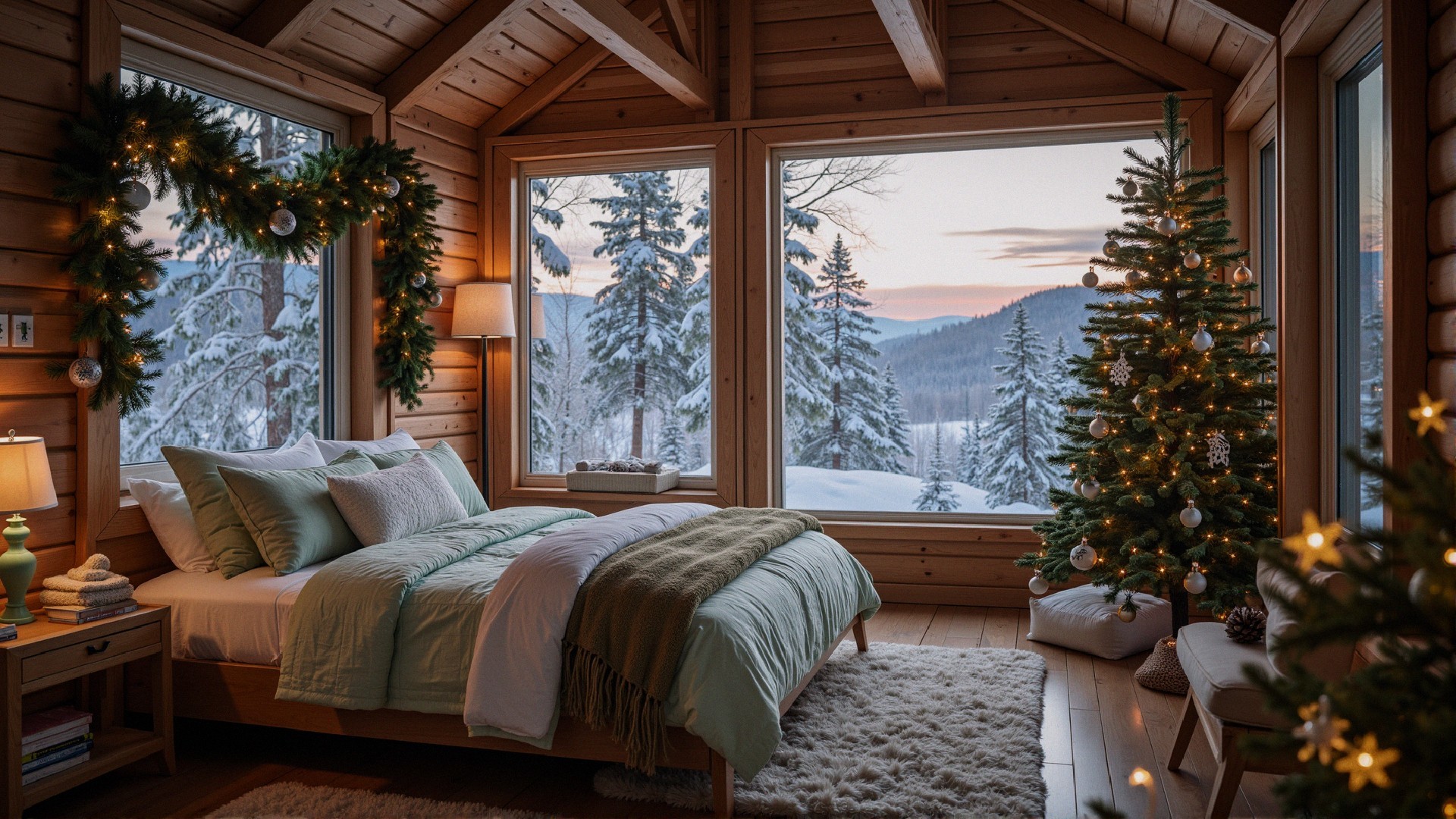 Cozy Bedroom with Wooden Walls and Seasonal Decor