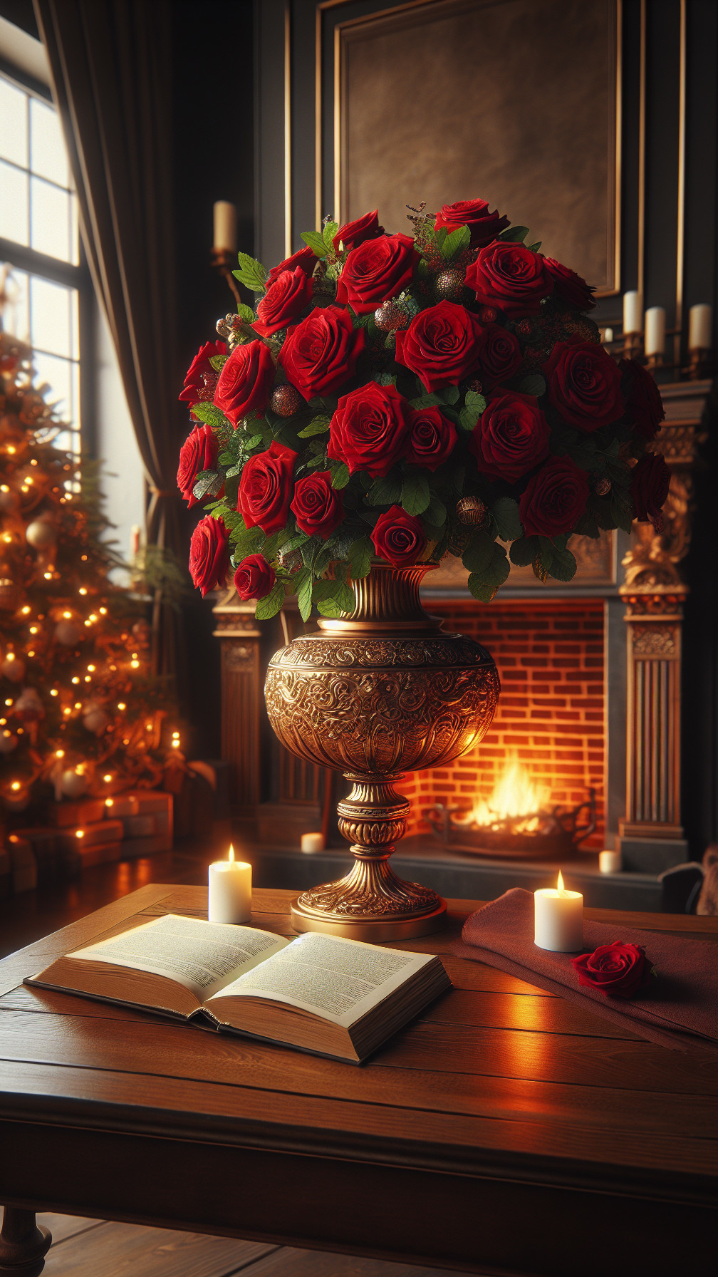 Luxurious Red Roses in Ornate Vase with Cozy Decor