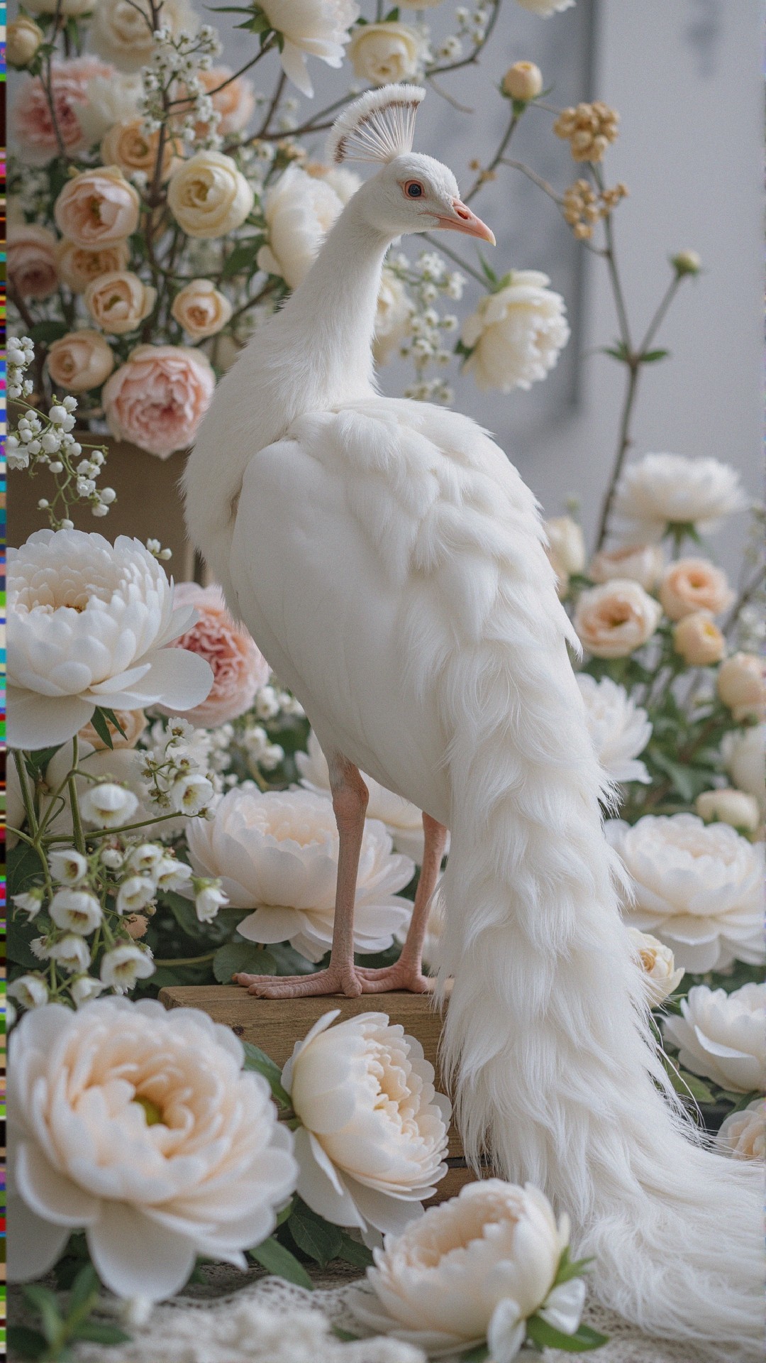 White Peacock Among Pastel Flowers and Blossoms