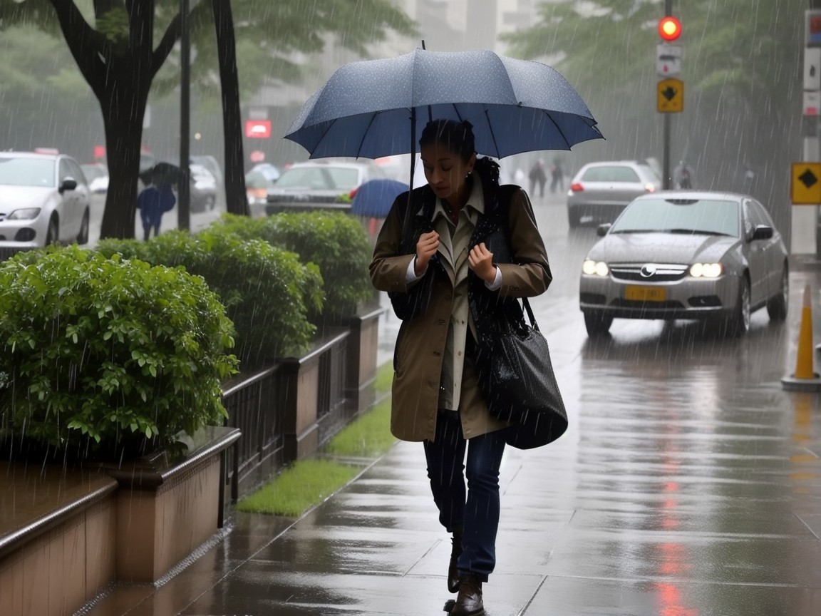 Woman with blue umbrella on rainy street scene