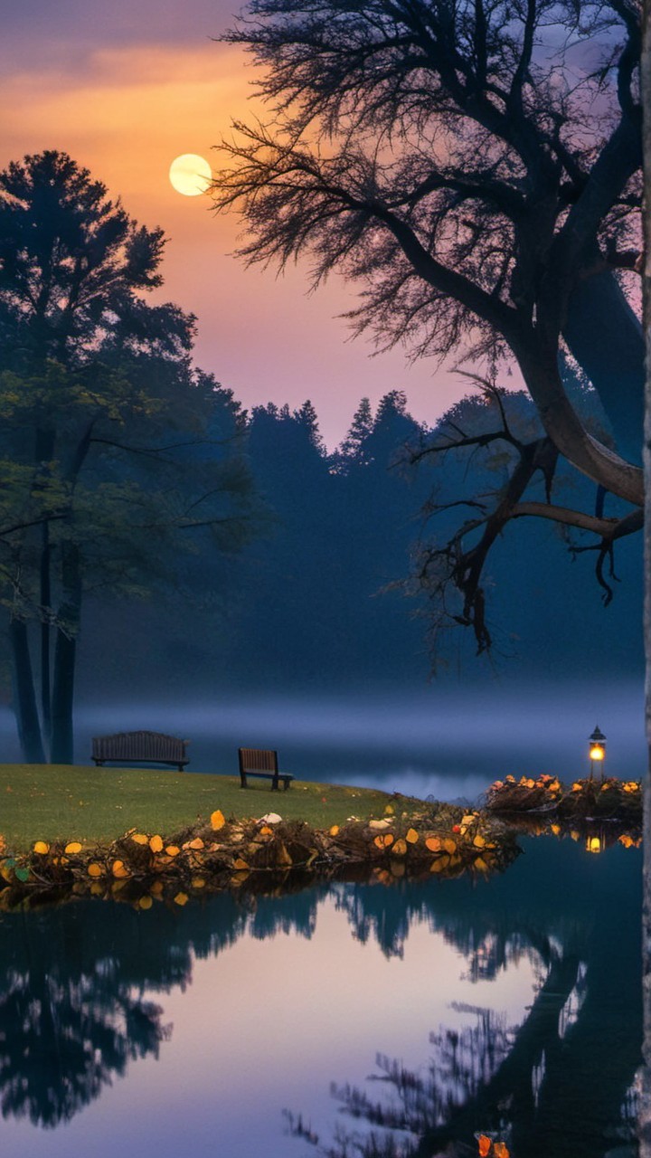 Tranquil Pond at Sunrise with Fog and Benches