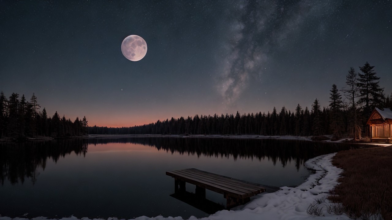 Moonlit Lake with Stars and Silhouetted Trees