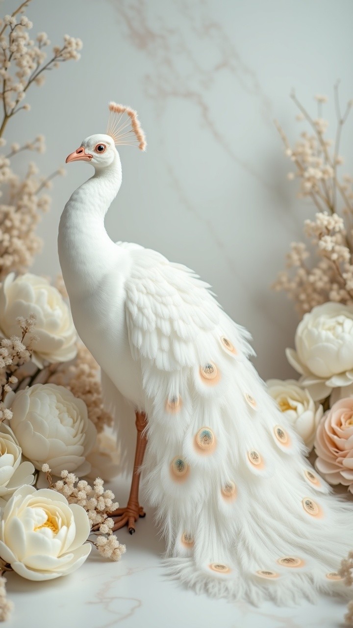 White Peacock Surrounded by Pastel Flowers