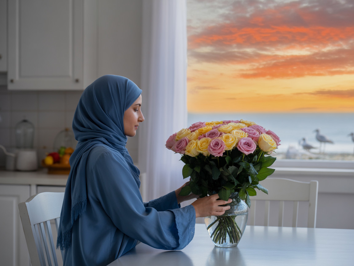 Woman in blue hijab with roses at sunset kitchen table