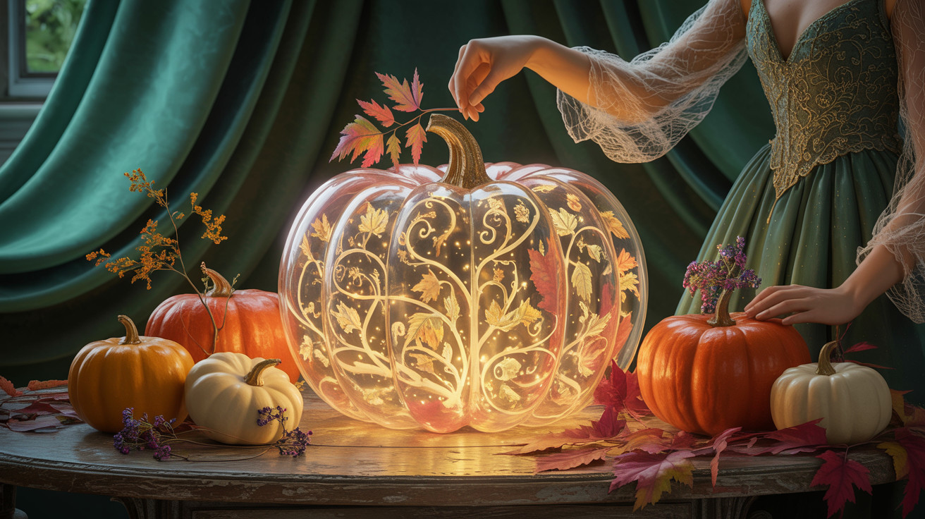 Illuminated Pumpkin with Floral Designs on Wooden Table