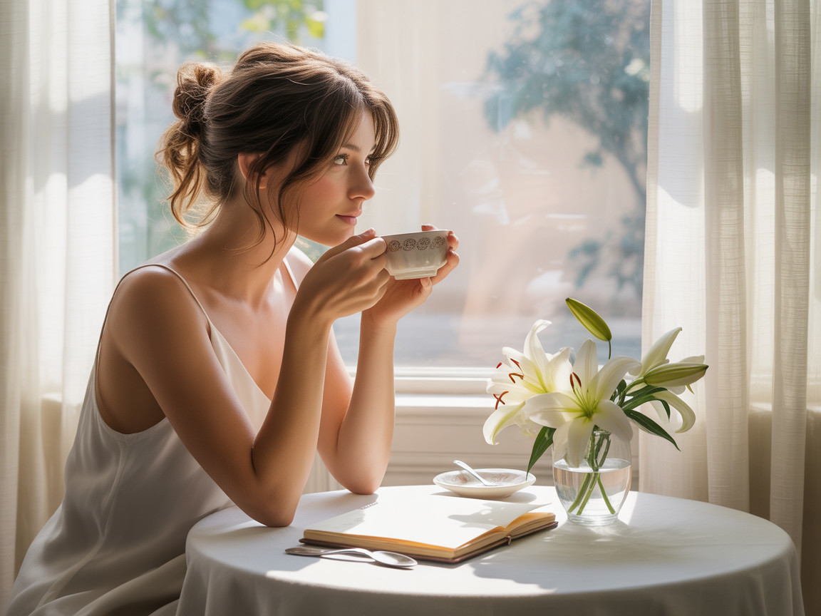 Young woman in sunlight with lilies and teacup