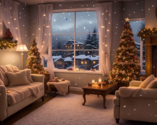 Cozy Holiday Living Room with Fireplace and Snow View