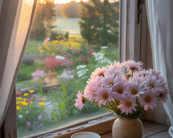 Rustic Window Sill with Daisies and Garden View