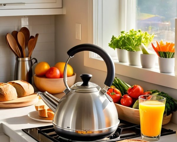Bright Kitchen Scene with Kettle and Fresh Produce