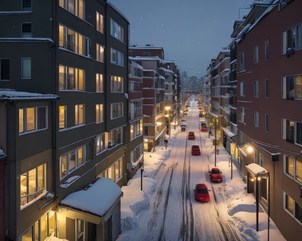 Snowy Urban Street with Modern Buildings at Night