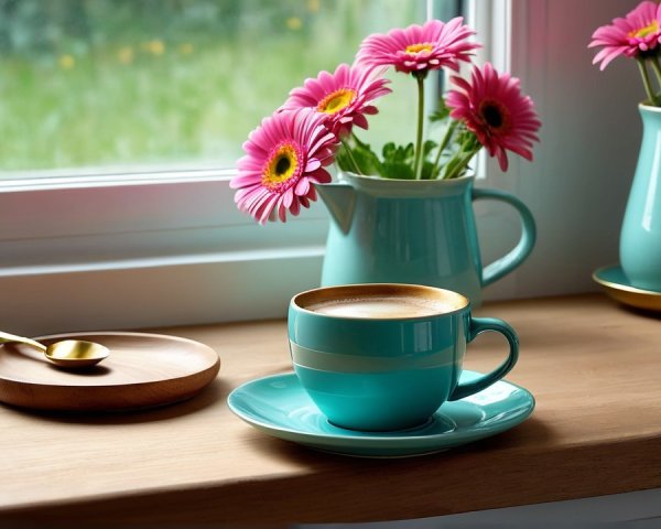 Milky coffee on turquoise saucer with floral pitchers
