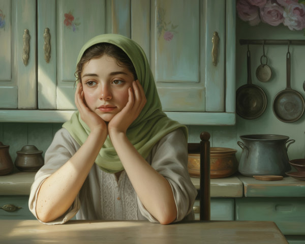 Young girl in cozy kitchen with vintage decor