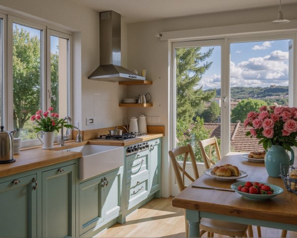 Bright Kitchen with Blue Cabinets and Natural Accents