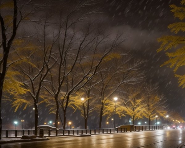 Serene Nighttime Street with Snow and Warm Lamplight