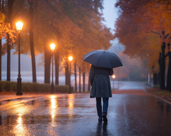 Solitary Figure on Rainy Path with Autumn Foliage