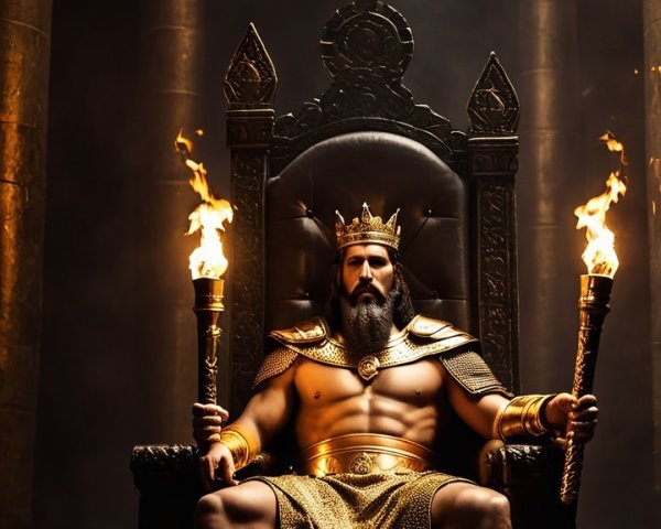 Majestic figure in golden armor on ornate throne