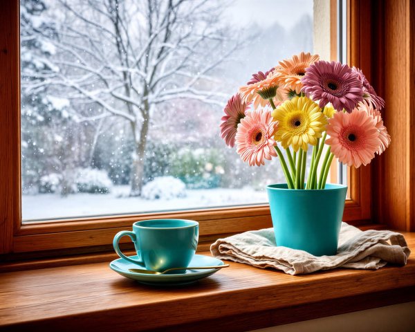 Colorful Gerber Daisies in Teal Pot on Windowsill