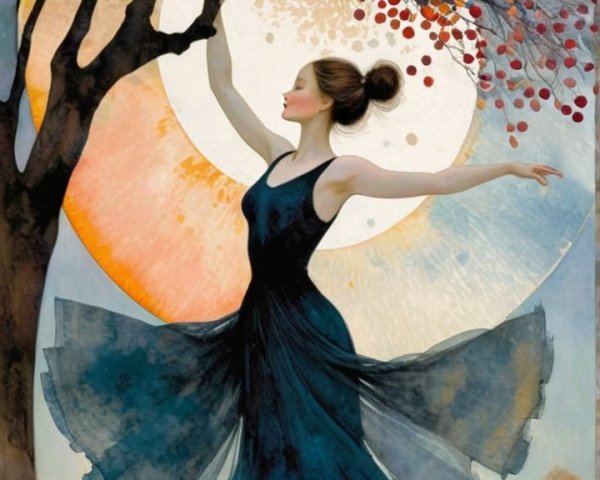 Dancer Beneath Autumn Leaves and Glowing Moon