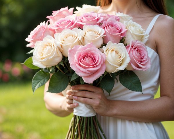 Close-up of a woman with a bouquet of roses