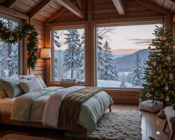 Cozy Bedroom with Wooden Walls and Seasonal Decor