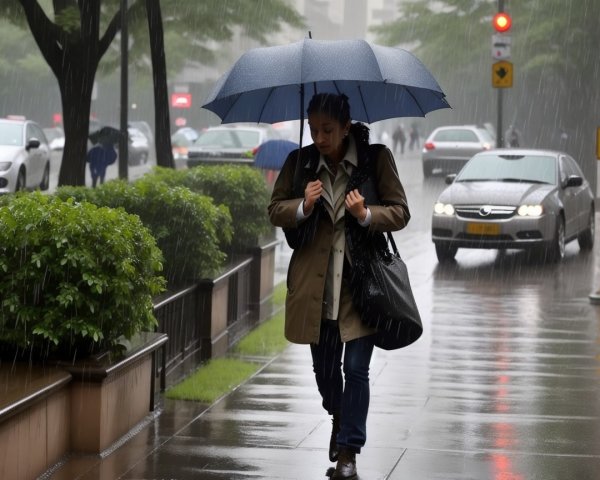 Woman with blue umbrella on rainy street scene
